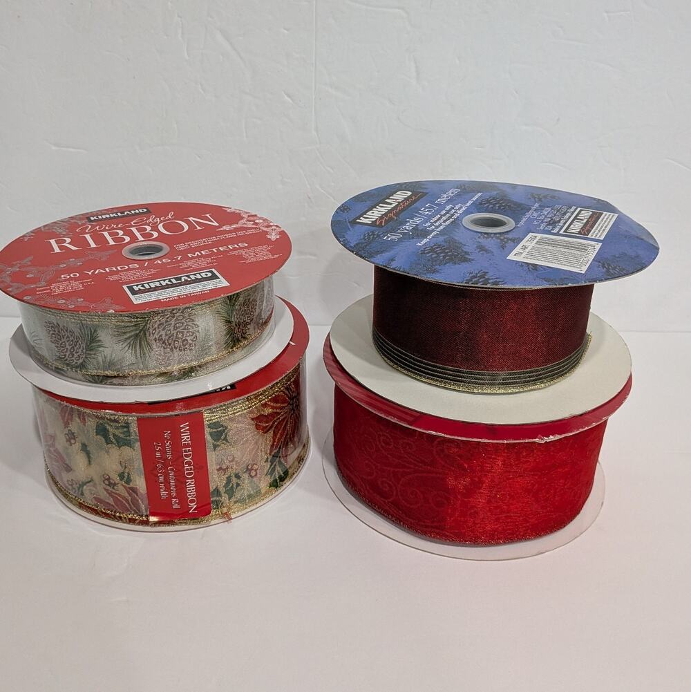 Holiday Christmas Kirkland Wire Edged Ribbon Lot of 4 Spools Poinsettia Pinecone
